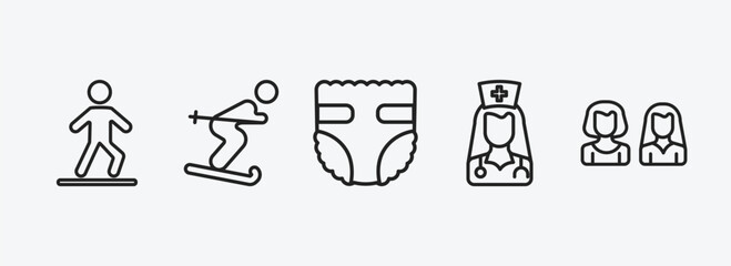 people outline icons set. people icons such as bast, man skiing, baby diaper, female doctor, friends vector. can be used web and mobile.