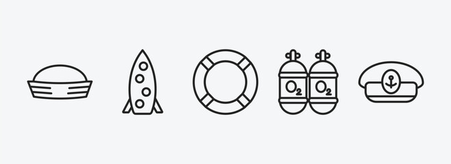 nautical outline icons set. nautical icons such as sailor hat, one suroard, lifesaver, oxygen tank, captain hat vector. can be used web and mobile. - obrazy, fototapety, plakaty