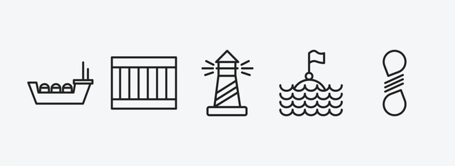 nautical outline icons set. nautical icons such as tanker ship, big crate, lighthouse, sea flag, knot vector. can be used web and mobile.