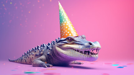 Happy crocodile with pink birthday hat and confetti against pink violet background. Minimal birthday hat. Generative AI.