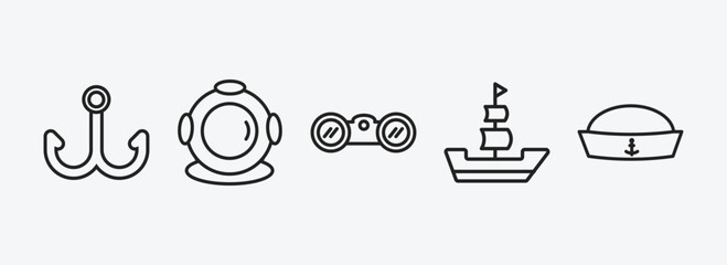 nautical outline icons set. nautical icons such as double bait, diving helmet, binocular, classic ship, prawn facing left vector. can be used web and mobile.