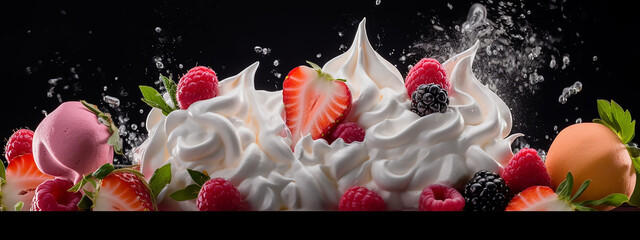Indulge in the world of desserts with this tantalizing image of whipped cream and a berry bonanza that promises pure delight.