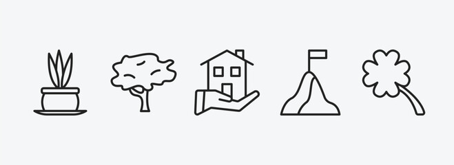 Fototapeta premium nature outline icons set. nature icons such as flower pot, red maple tree, house for rent, determination, four leaf clover vector. can be used web and mobile.