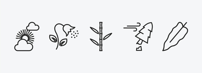 nature outline icons set. nature icons such as sunny protic, pollen, bamboo sticks, damaged, philodendron vector. can be used web and mobile. © Farahim