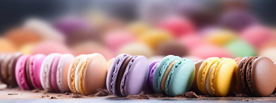 Elevated view of assorted French macarons with rich fillings, highlighting their sophistication and elegance; perfect for patisserie advertisements and food blogs.