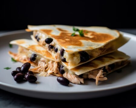 quesadilla with shredded chicken and black beans on a white plate