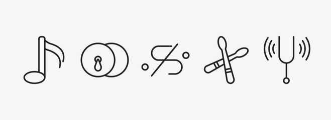 music and media outline icons set. music and media icons such as sixteenth note, cymbals, segno, drumstick, tuning fork vector. can be used web and mobile.
