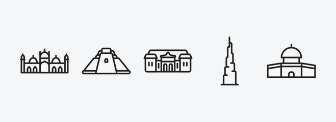 monuments outline icons set. monuments icons such as badshahi mosque, pyramid of the magician, palace of versailles, , dome of the rock vector. can be used web and mobile.