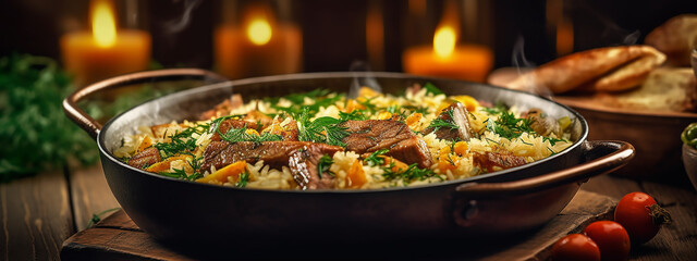 Savor the essence of Uzbek cuisine with this delectable pilaf showcased in the banner. - obrazy, fototapety, plakaty