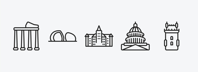 monuments outline icons set. monuments icons such as temple of apollo, al shaheed monument, bran castle, united states capitol, belem tower vector. can be used web and mobile.
