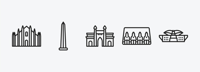 Fototapeta premium monuments outline icons set. monuments icons such as milan cathedral, obelisk of bue aires, gat of india, abu simbel, dpr/mpr building vector. can be used web and mobile.