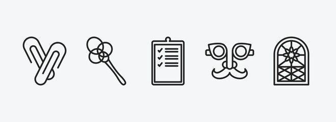 miscellaneous outline icons set. miscellaneous icons such as paperclip attachment, carpet beater, evaluate, fun glasses, stained glass window vector. can be used web and mobile.