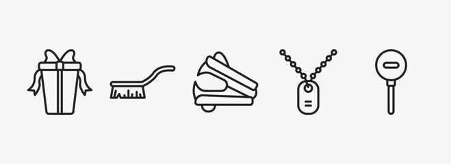 miscellaneous outline icons set. miscellaneous icons such as wrapped gift, cleaning brush, stapler remover, army dog tag, diminish vector. can be used web and mobile.