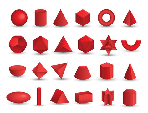 Vector realistic 3D red geometric shapes isolated on white background. Maths geometrical figure form, realistic shapes model. Platon solid. Geometric shapes icons for education, business, design.