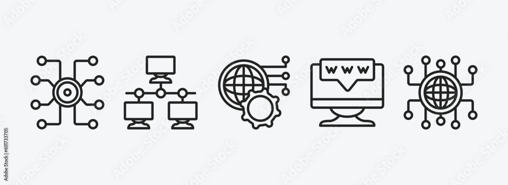 Poster internet security outline icons set. internet security icons such as hub, local network, network opt