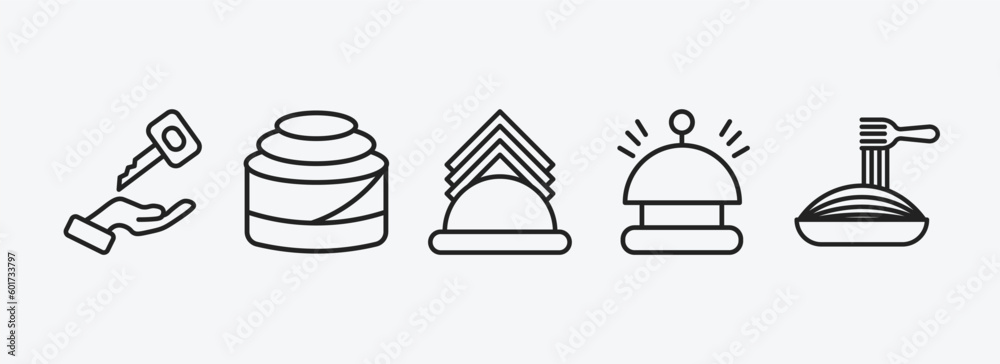 Wall mural hotel and restaurant outline icons set. hotel and restaurant icons such as valet, cinnamon roll, napkins, reception bell, spaghetti vector. can be used web and mobile.