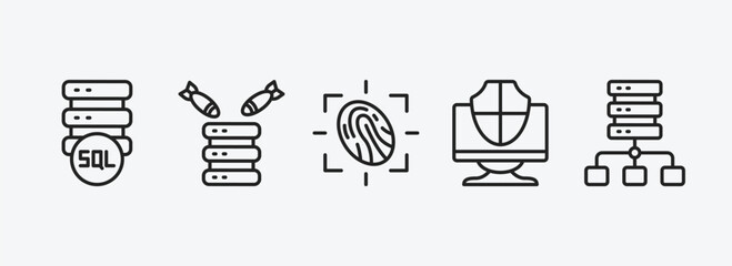 internet security outline icons set. internet security icons such as sql, ddos, fingerprint scan, computer security, proxy server vector. can be used web and mobile.