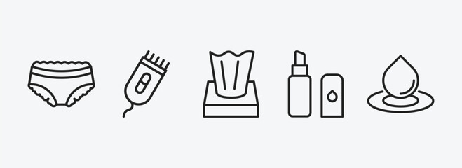 hygiene outline icons set. hygiene icons such as underwear, electric razor, tissues, lip balm, purity vector. can be used web and mobile.
