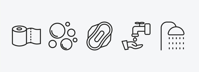 hygiene outline icons set. hygiene icons such as paper towel, bubbles, hygienic pad, ablution, douche vector. can be used web and mobile.