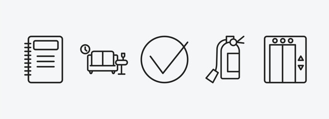 hotel and restaurant outline icons set. hotel and restaurant icons such as agenda, lounge, check in, fire extinguisher, elevator vector. can be used web and mobile. © Farahim