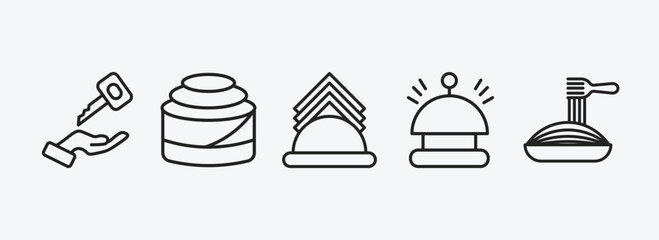hotel and restaurant outline icons set. hotel and restaurant icons such as valet, cinnamon roll, napkins, reception bell, spaghetti vector. can be used web and mobile.
