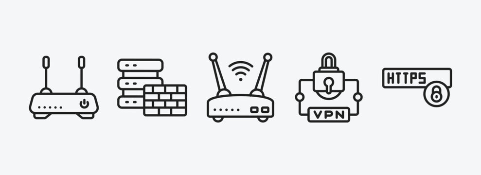 internet security outline icons set. internet security icons such as modem, firewall, wireless router, virtual private network, https vector. can be used web and mobile.
