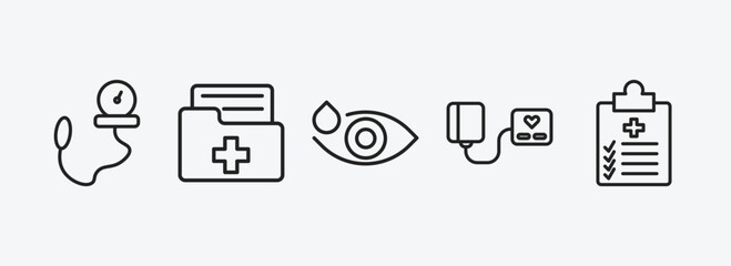 health and medical outline icons set. health and medical icons such as tonometer, medical result, eye drops, blood pressure gauge, checklist vector. can be used web and mobile.