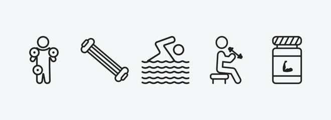 gym and fitness outline icons set. gym and fitness icons such as anatomy, arms extender, man swimming, dumbbells exercise, phytonutrients vector. can be used web and mobile.