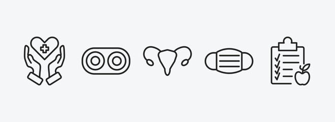 health and medical outline icons set. health and medical icons such as health care, optometrist, uterus, medical mask, nutrition vector. can be used web and mobile.