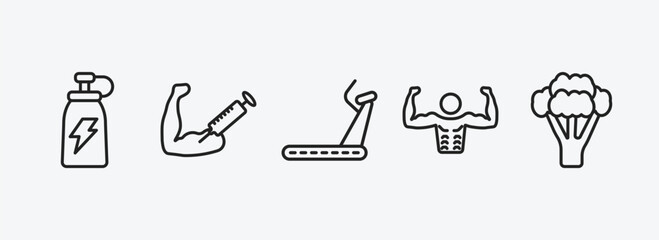 gym and fitness outline icons set. gym and fitness icons such as fitness drink, steroids, running hine, bodybuilder, broccoli porcion vector. can be used web and mobile.