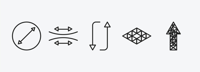 geometry outline icons set. geometry icons such as diameter, stretch, flip, polygonal rhomb, polygonal arrow up vector. can be used web and mobile.