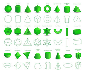 Set of vector realistic 3D green geometric shapes isolated on white background. Mathematics of geometric shapes, linear objects, contours. Platonic solid. Icons, logos for education, business, design