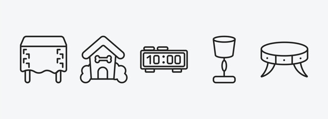 furniture & household outline icons set. furniture & household icons such as table linens, pet house, table clock, lamps, coffee table vector. can be used web and mobile.