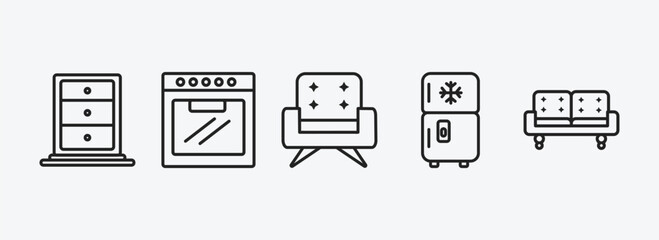 furniture & household outline icons set. furniture & household icons such as cabinet, oven, fauteuil, fridge, couch vector. can be used web and mobile.