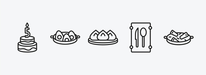 food outline icons set. food icons such as five birthday cake, soy eggs, wonton, restaurant, guotie vector. can be used web and mobile.