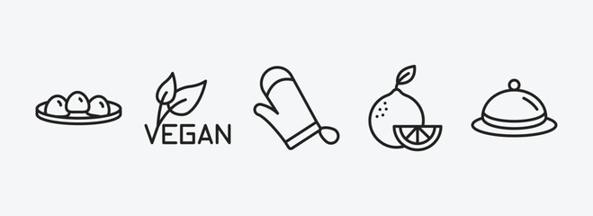 food outline icons set. food icons such as mantou, vegan, cooking mitts, citrus fruits, covered food tray vector. can be used web and mobile.