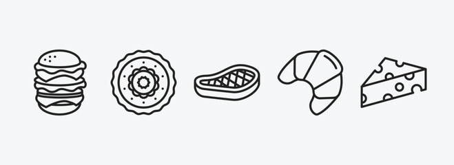 food outline icons set. food icons such as hamburger with bacoon, moon cake, foods, french, cheese wedge vector. can be used web and mobile.