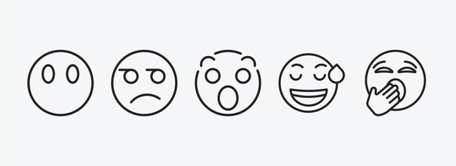 emoji outline icons set. emoji icons such as emoji without mouth, suspect surprise sweating yawning vector. can be used web and mobile.