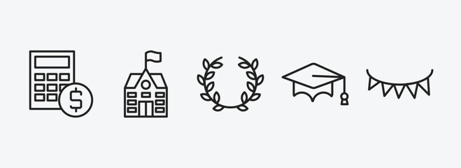 education outline icons set. education icons such as calculator and dollar, school, laurel wreath, graduation cap, garland vector. can be used web and mobile.