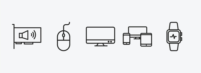 electronic devices outline icons set. electronic devices icons such as sound card, mouse, television, devices, smartwatch vector. can be used web and mobile.