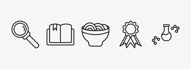 education outline icons set. education icons such as magnification lens, book with bookmark, mie, medallion, chemical content vector. can be used web and mobile.