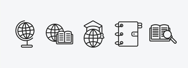 education outline icons set. education icons such as classroom globe, international studies, international graduate, school agenda, book and magnifier vector. can be used web and mobile.