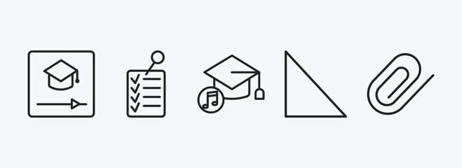 education outline icons set. education icons such as educational video, check list, graduation's music, right triangle, paperclip vector. can be used web and mobile.