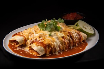 enchiladas with a smoky chipotle sauce and strips of chicken on a plate