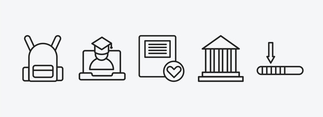 education outline icons set. education icons such as school bag, online class, favorite book, bank, window scrolling left vector. can be used web and mobile.