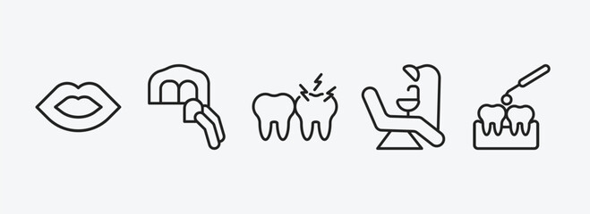dentist outline icons set. dentist icons such as mouth, dental veneer, toothache, dentist chair, interproximal vector. can be used web and mobile.