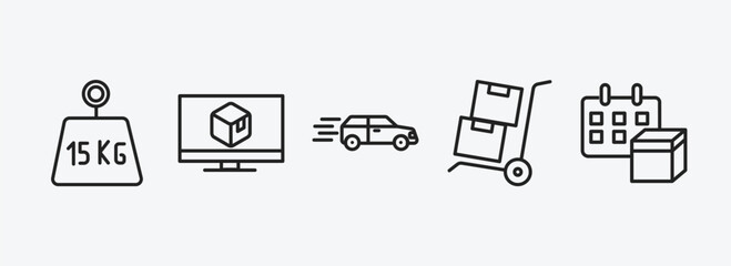 delivery and logistic outline icons set. delivery and logistic icons such as weight limit, delivery monitor, by car, freight, date vector. can be used web and mobile.
