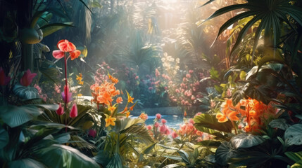 Fototapeta na wymiar Beautiful forest. Summer botanical garden on sunny day. Illustration of tropical jungle landscape with fresh vivid plants, leaves and flowers. Generative AI.