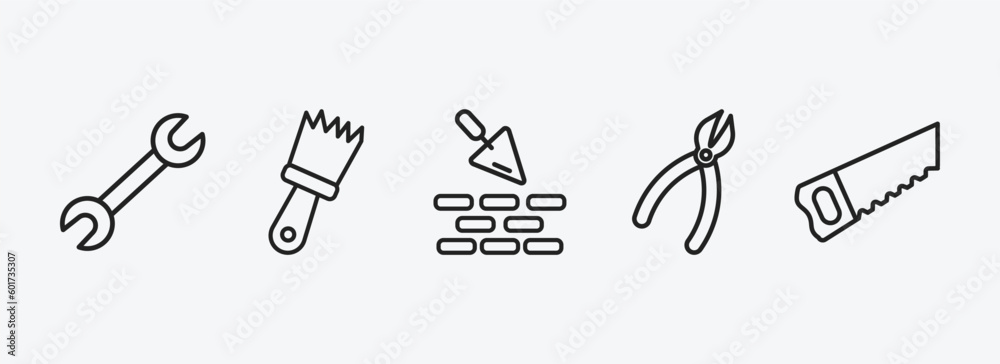 Wall mural construction tools outline icons set. construction tools icons such as repair wrench, builder brush,