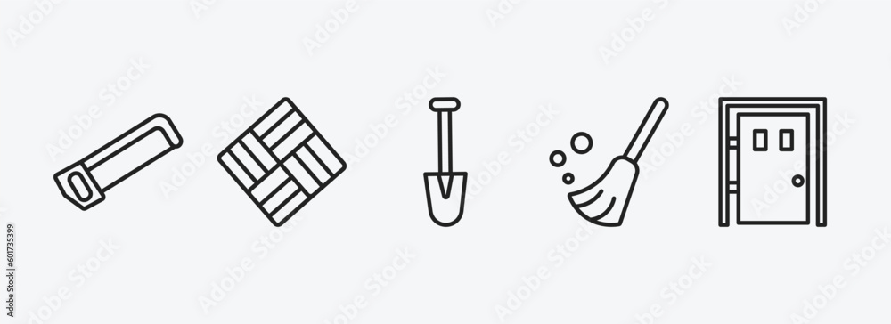 Wall mural construction outline icons set. construction icons such as hacksaw, paver, short shovel, sweeping br